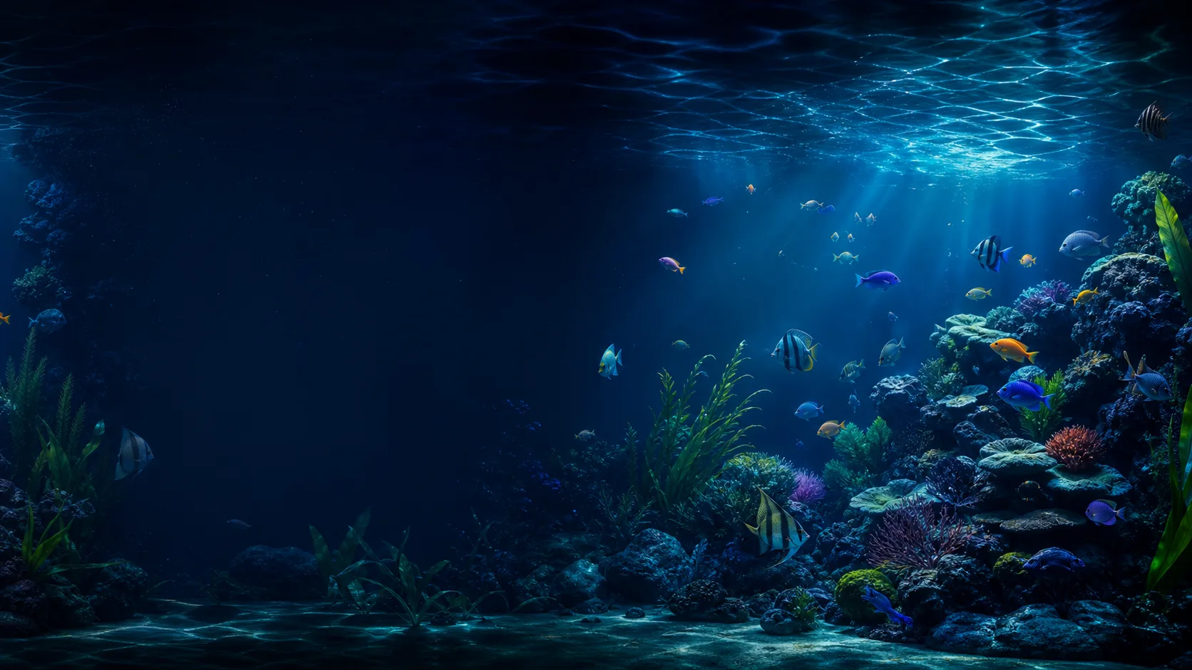 Reef aquarium with multiple fish sharing a planned habitat