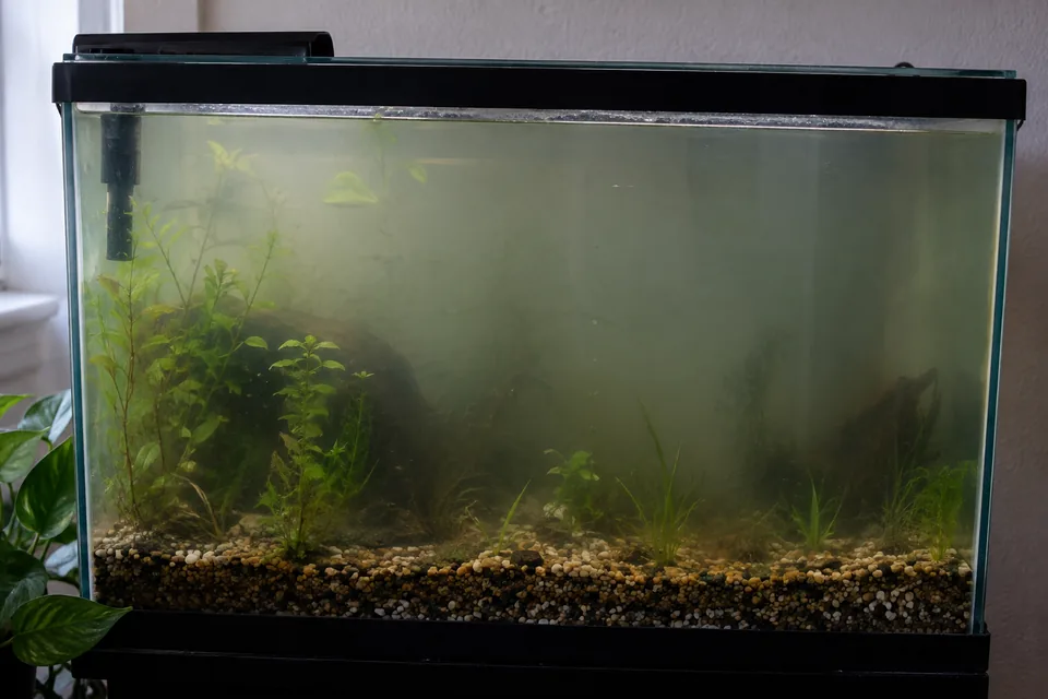 A home aquarium with pale cloudy water obscuring the plants at the back