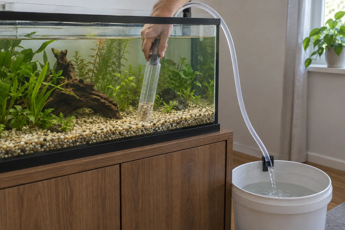 A hand using a gravel siphon in an aquarium, with its clear hose draining into a lower bucket