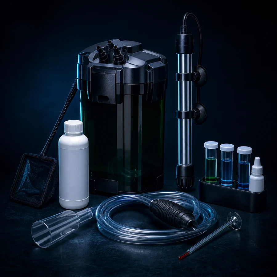 Aquarium equipment essentials including filtration shown in a Fishician setup illustration