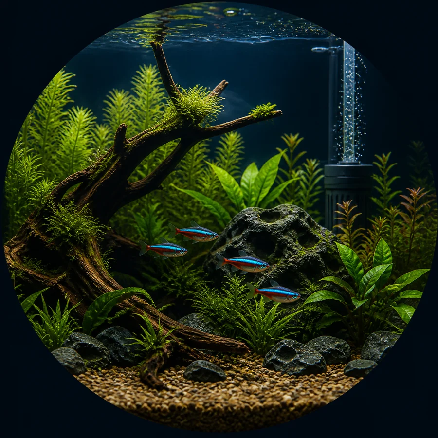 Healthy freshwater aquarium illustration used in the Fishician freshwater journey