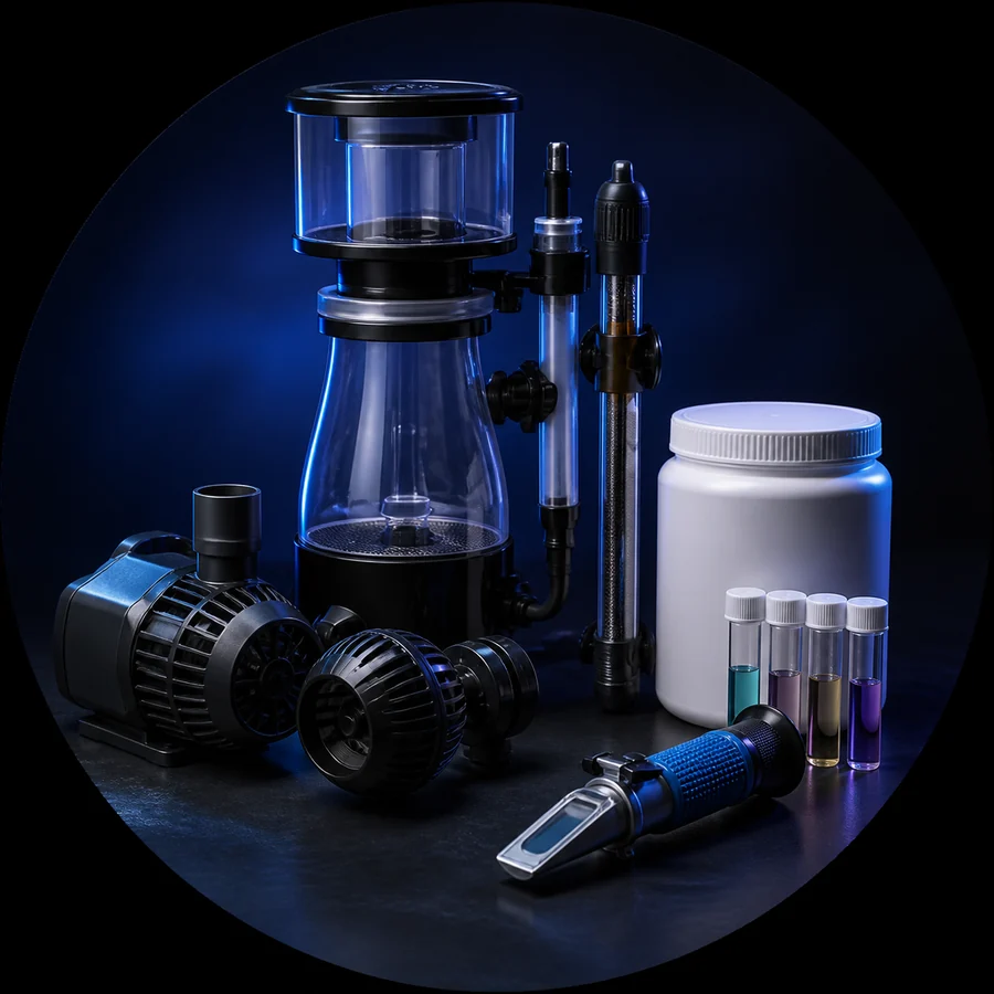 Aquarium equipment essentials illustration used in the Fishician saltwater journey