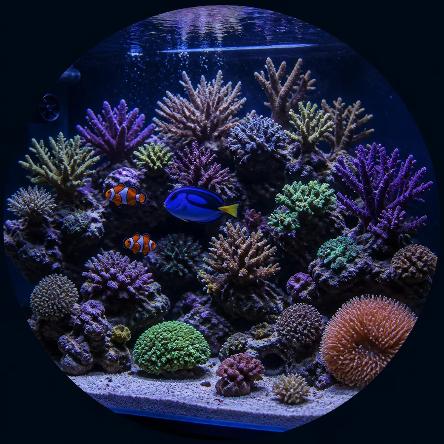 Healthy saltwater reef aquarium illustration used in the Fishician saltwater journey